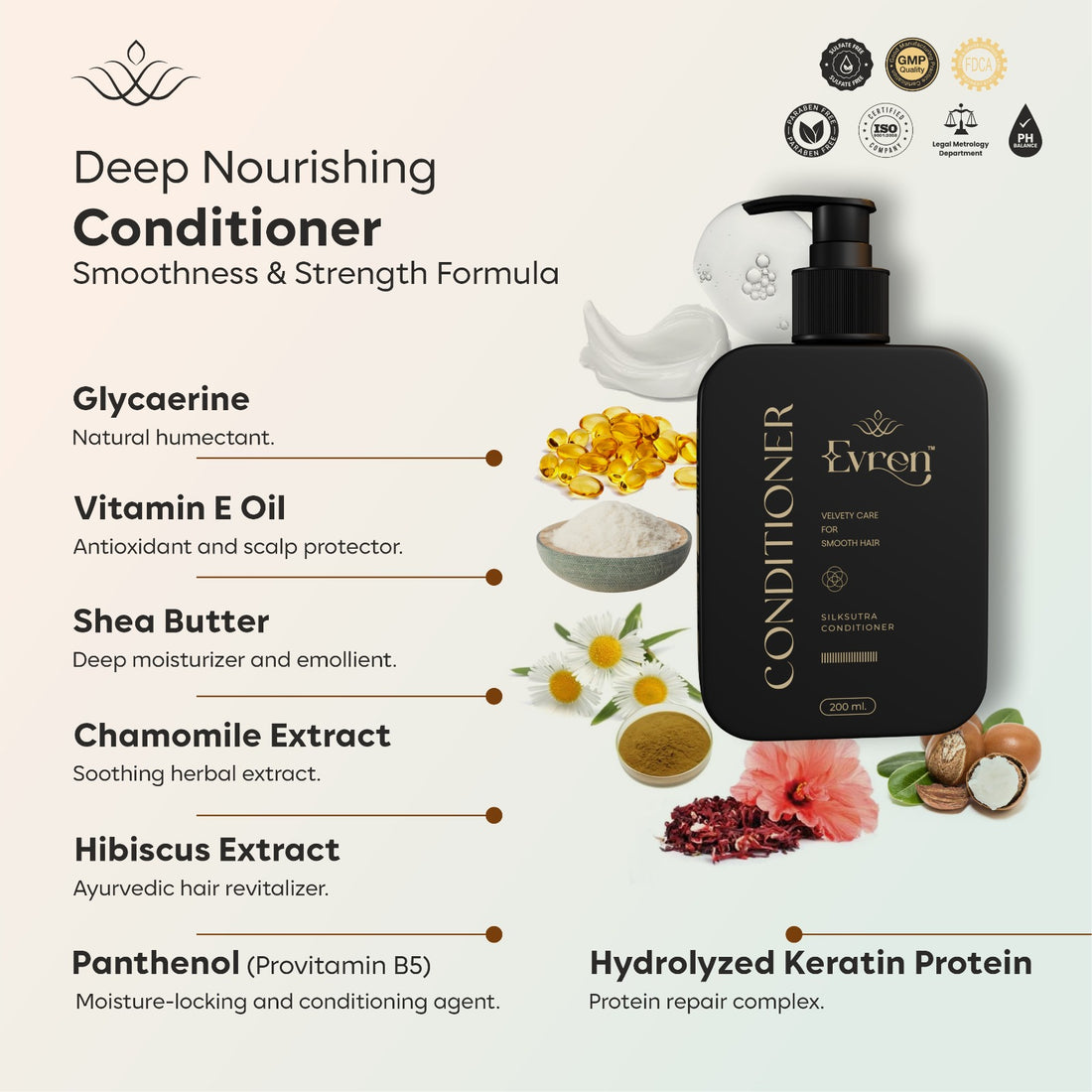 Deep nourishing evren conditioner bottle with ingredients listed on a white background
