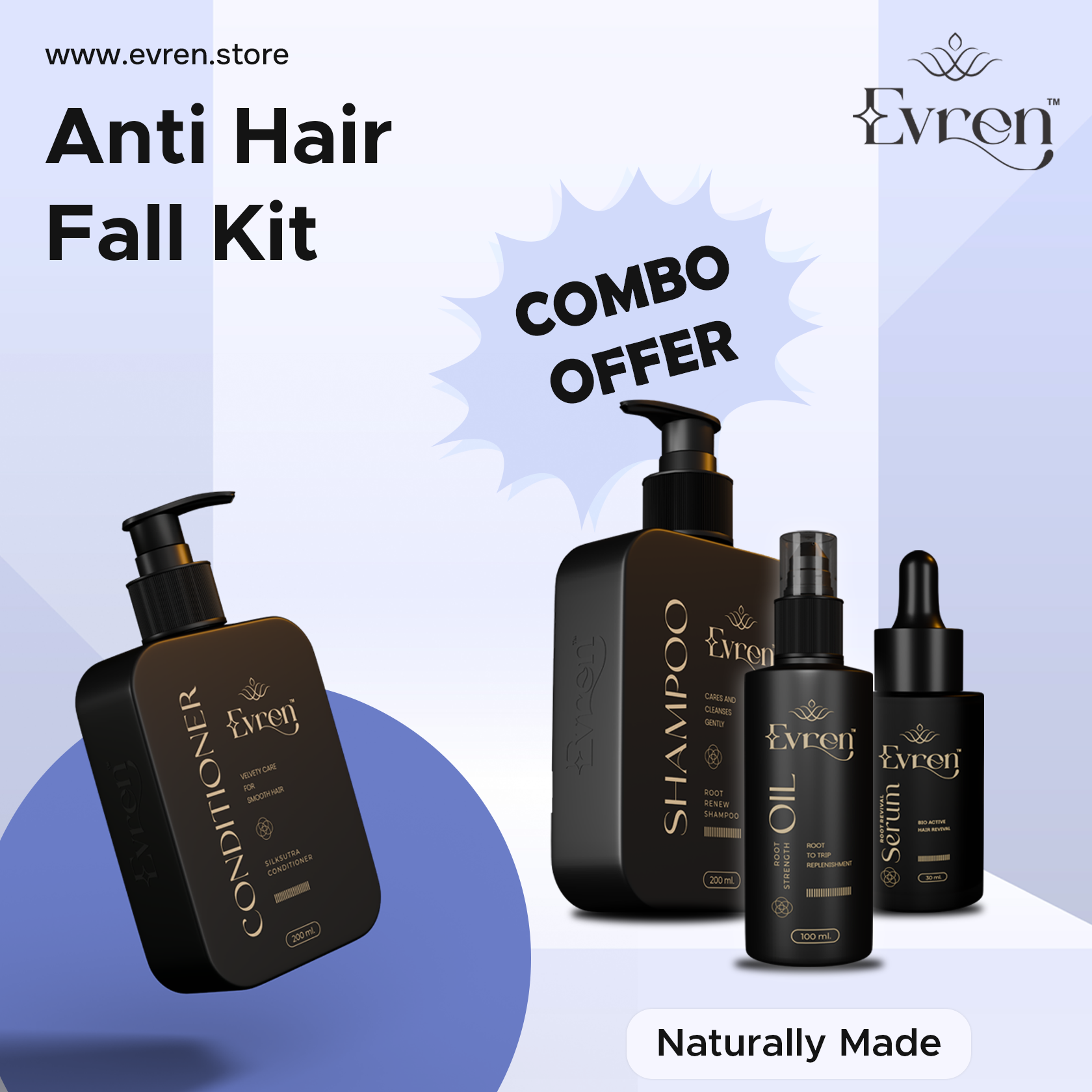 Evren Haircare Combos – 4-in-1 Kit (Shampoo+Conditioner+Serum+Oil) — complete Ayurvedic haircare routine