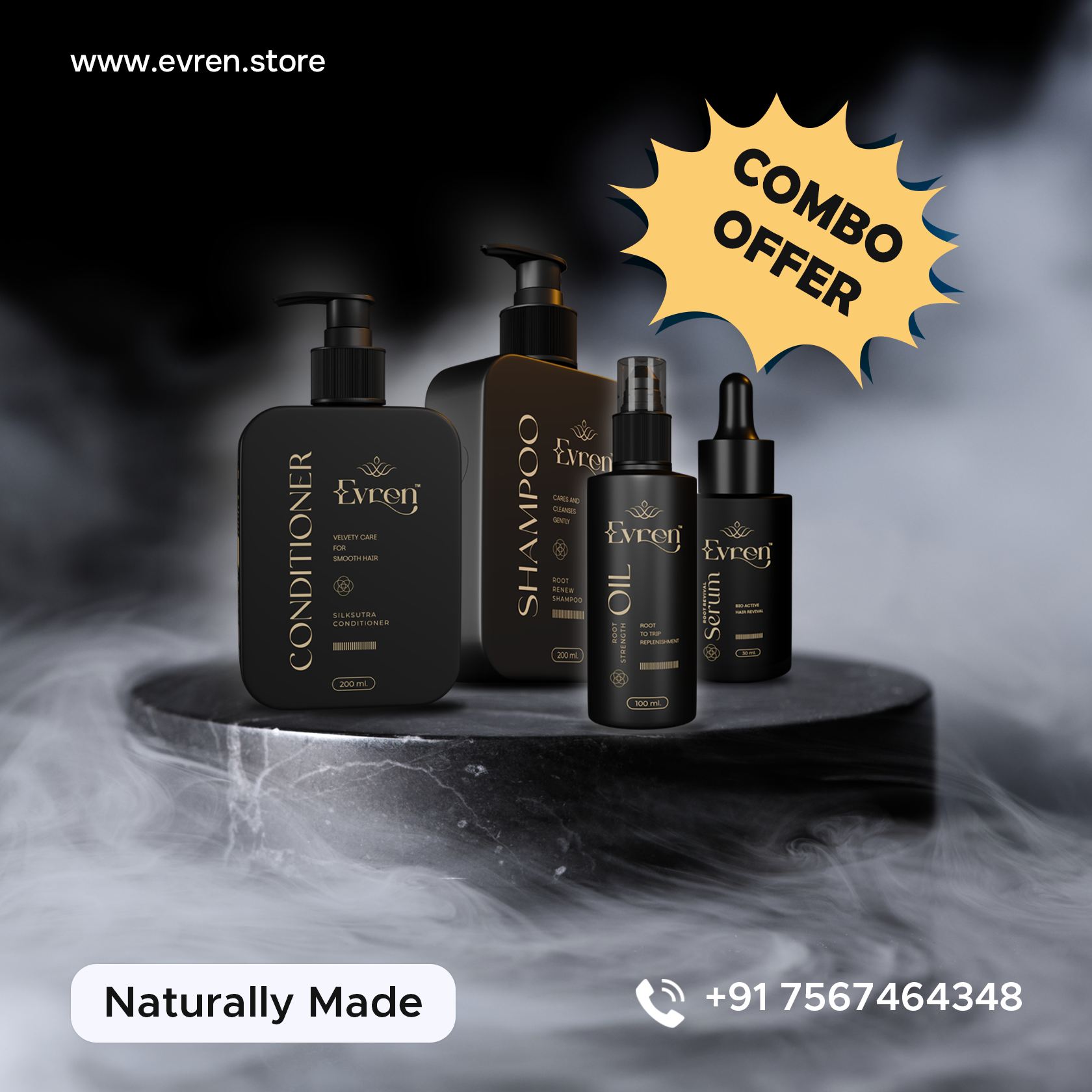 Evren Haircare Combos – 4-in-1 Kit (Shampoo+Conditioner+Serum+Oil) — Ayurvedic hair kit for hair fall and dandruff control