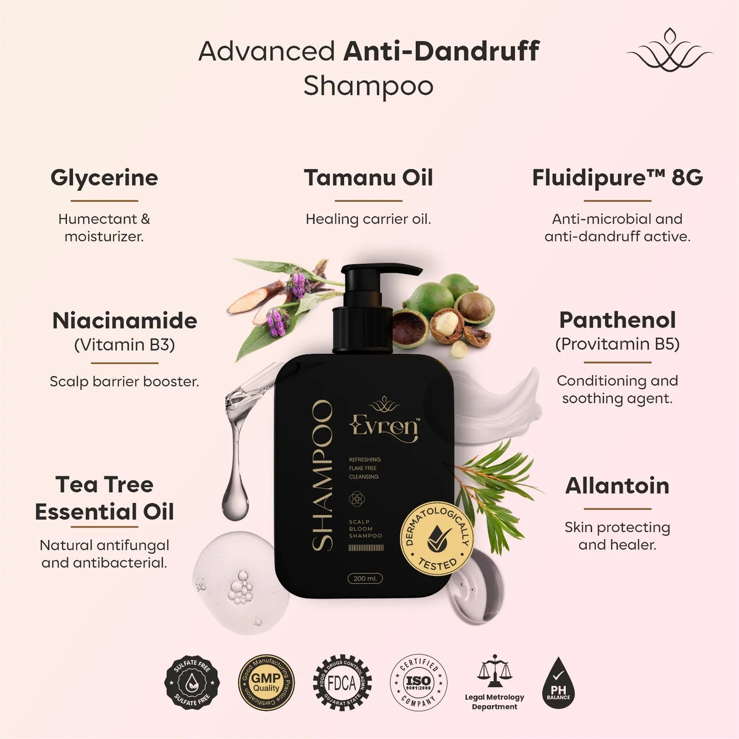 Evren Advanced Anti-Dandruff Shampoo with ingredients listed on a white background