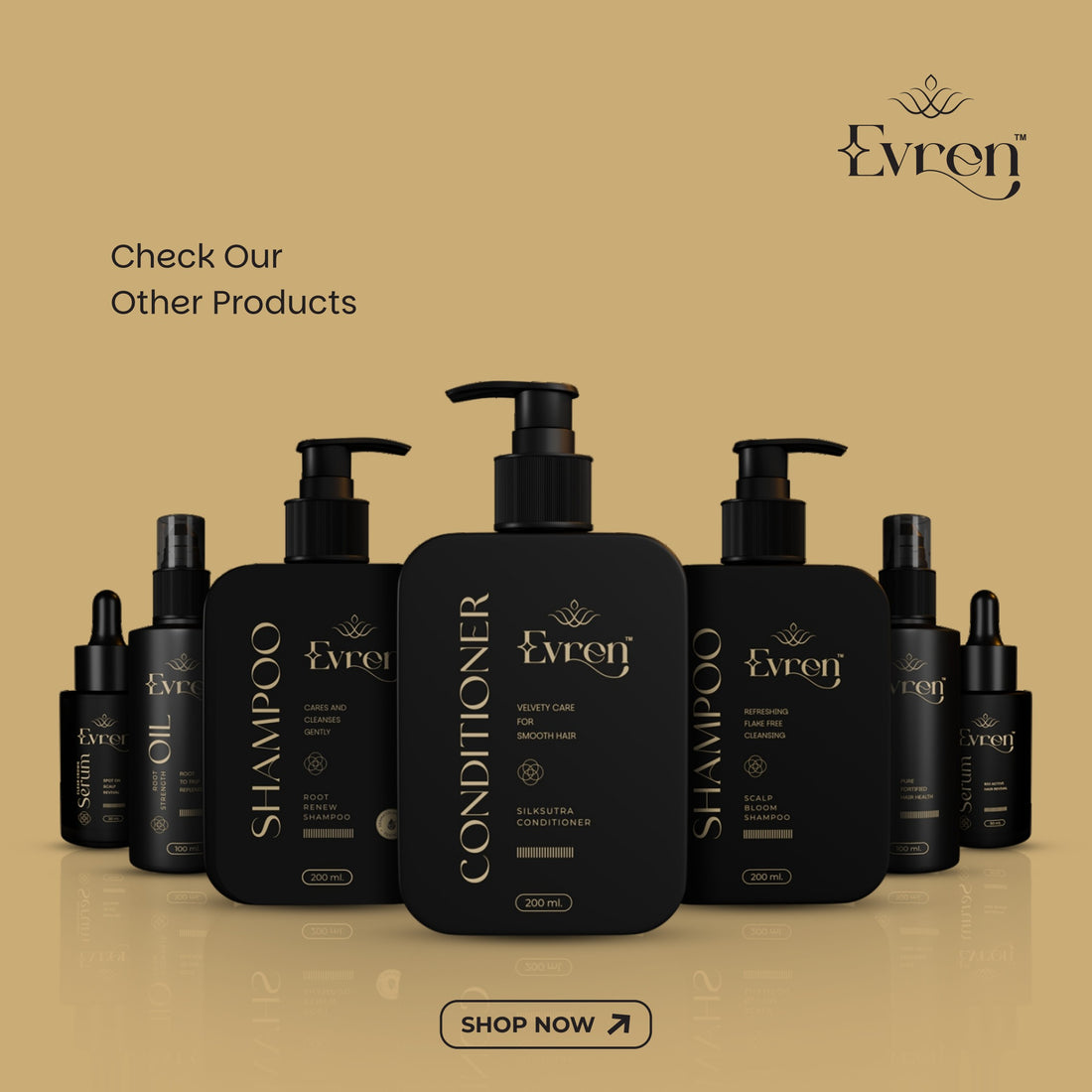 Evren hair care product lineup including shampoo, conditioner, and oils on a beige background