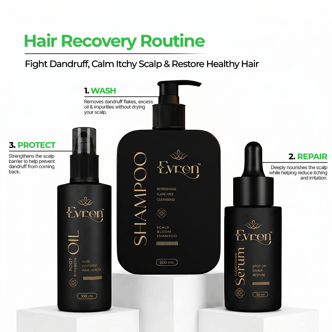 Evren Anti-Dandruff Combo — shampoo, serum and oil laid out together