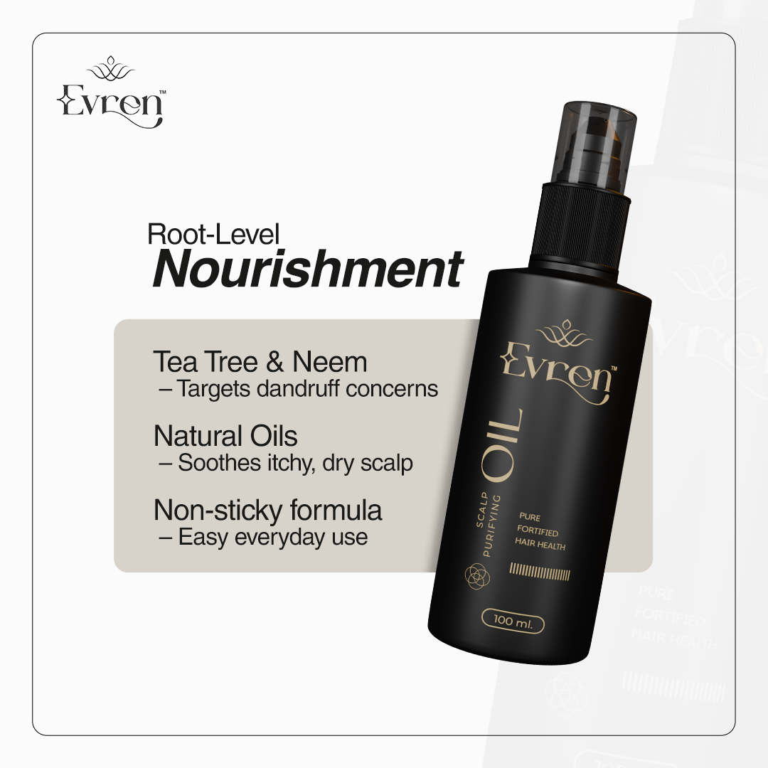 Benefitsof Evren Anti-Dandruff Hair Oil showing argan oil, vitamin E and paraben-free actives