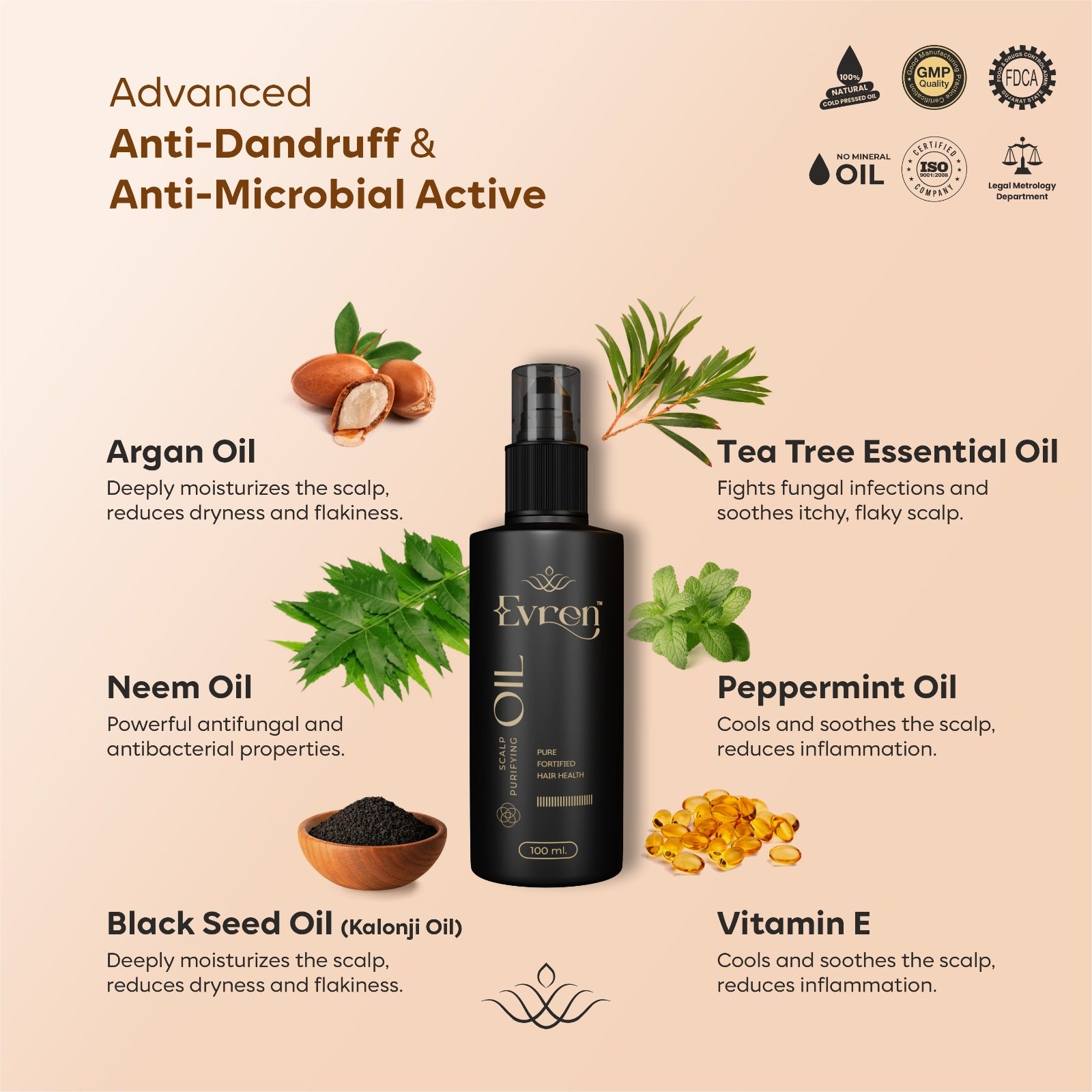 Bottle labeled 'Evren anti dandruff hair oil' with ingredients and benefits on a beige background