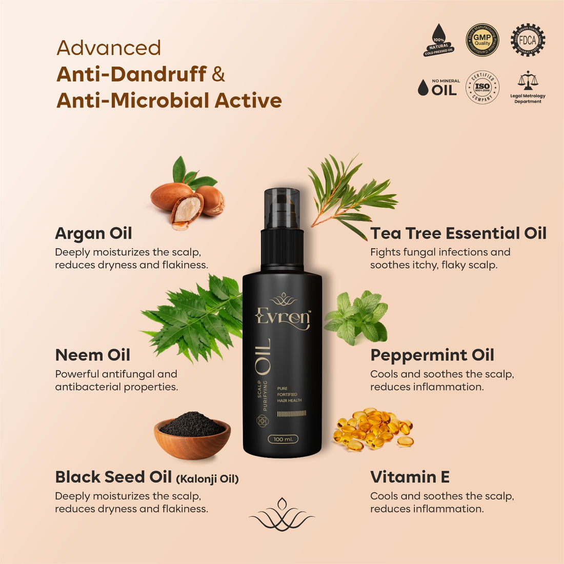 Bottle labeled 'Evren anti dandruff hair oil' with ingredients and benefits on a beige background
