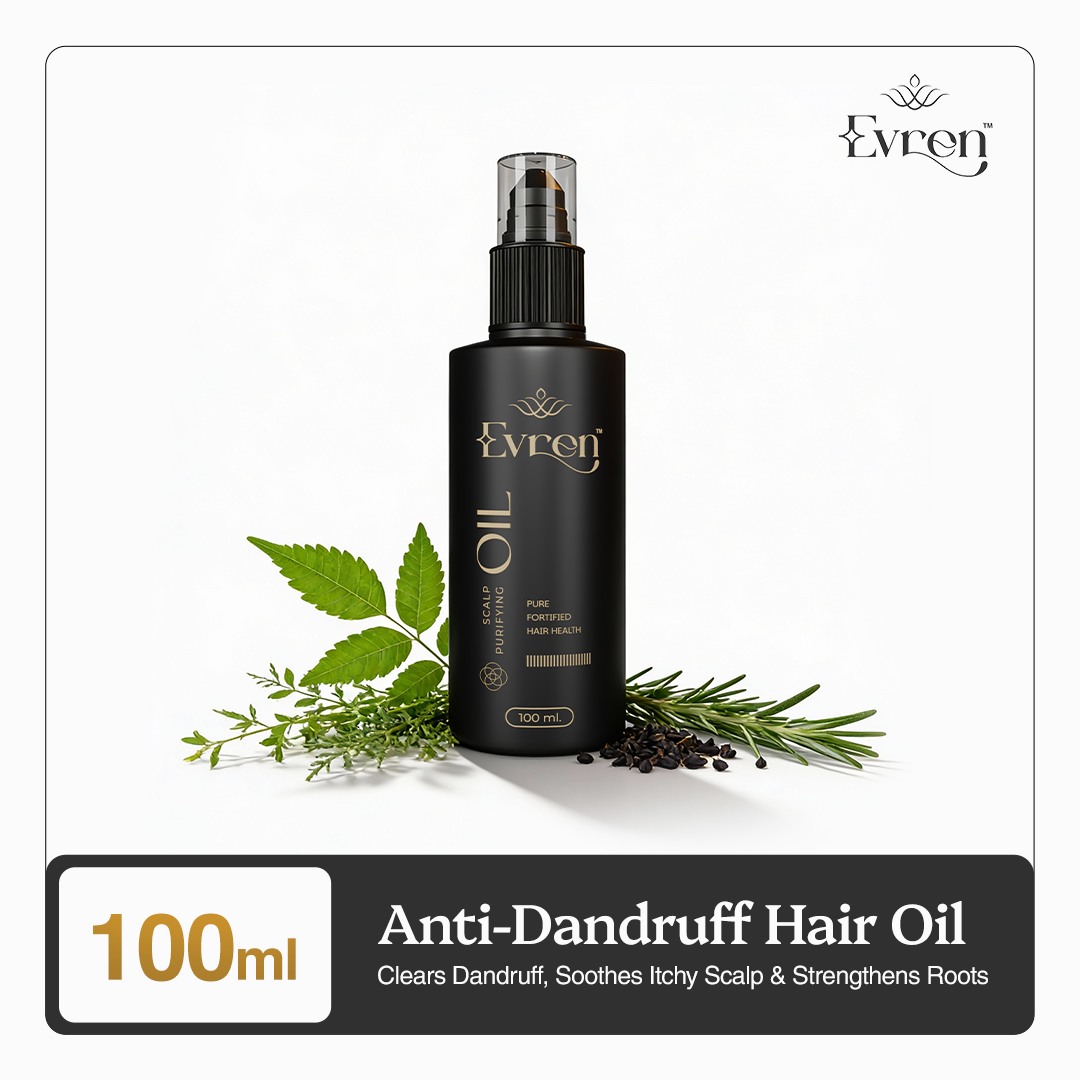 Evren Anti-Dandruff Hair Oil bottle with argan oil and vitamin E — pre-wash dandruff treatment