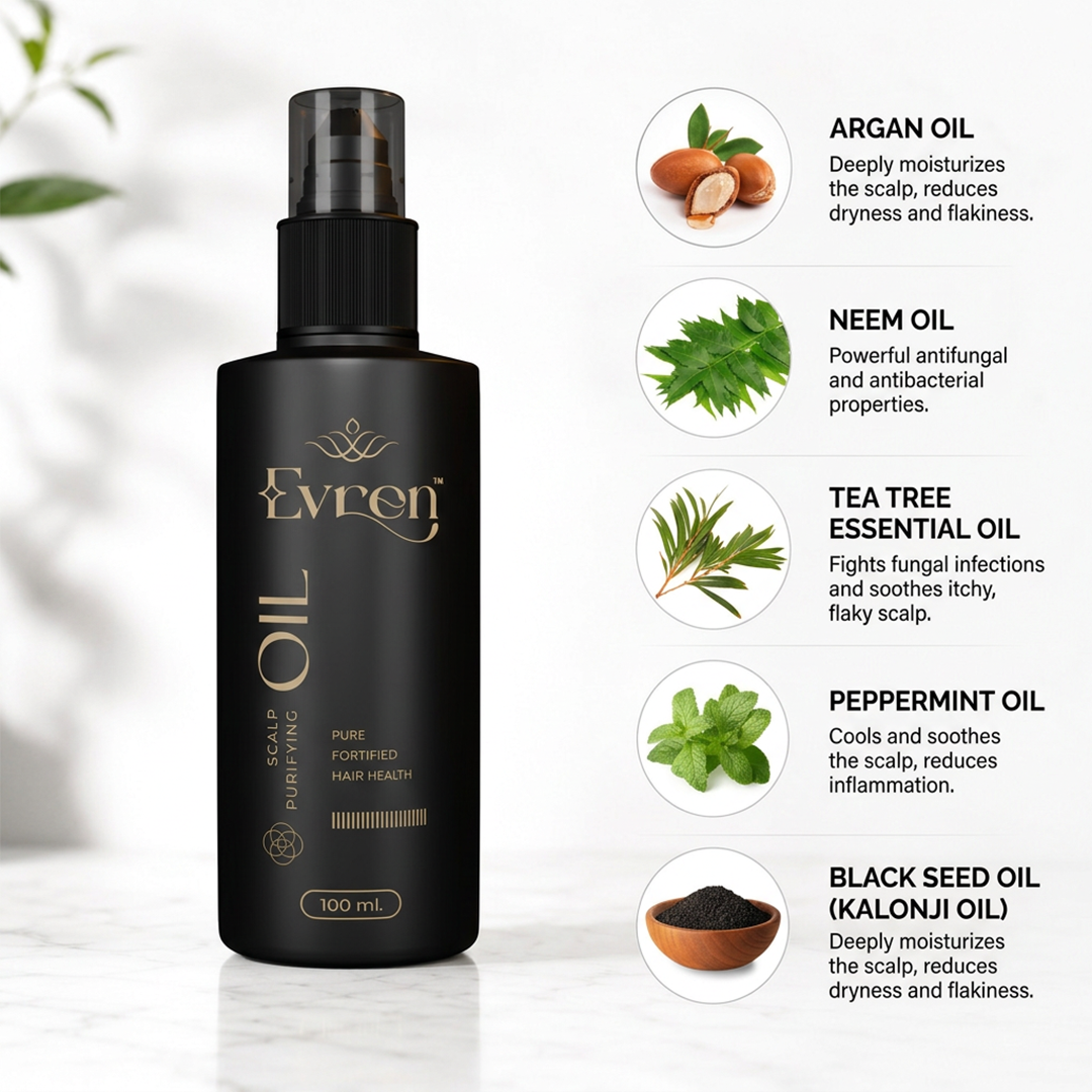 Evren Anti-Dandruff Oil — ingredients and usage graphic