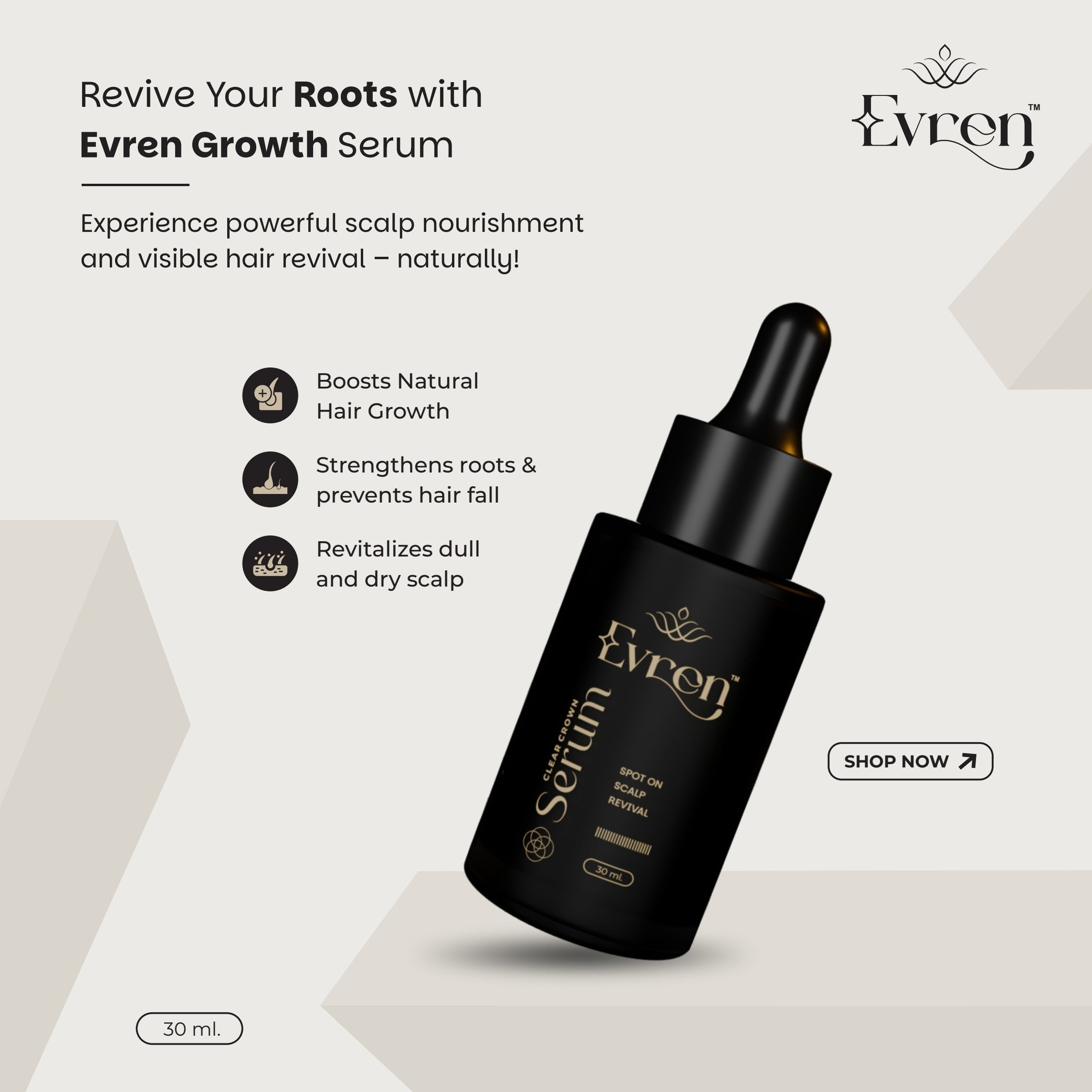 Back label of Evren Anti-Dandruff Hair Serum listing Fludipure and sulphate-free actives