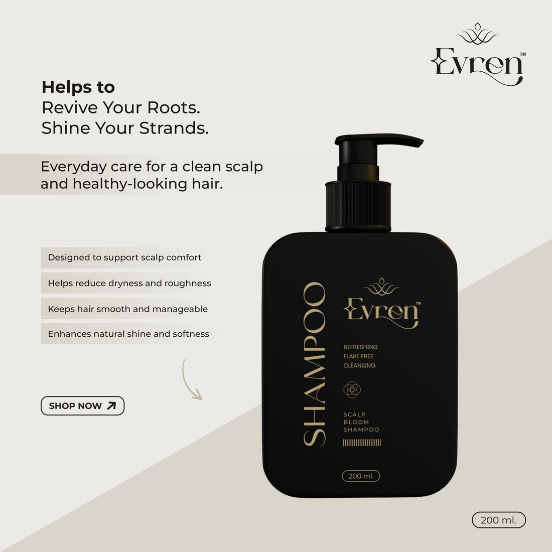 Evren Anti-Dandruff Shampoo showing sulphate-free, paraben-free ingredient list