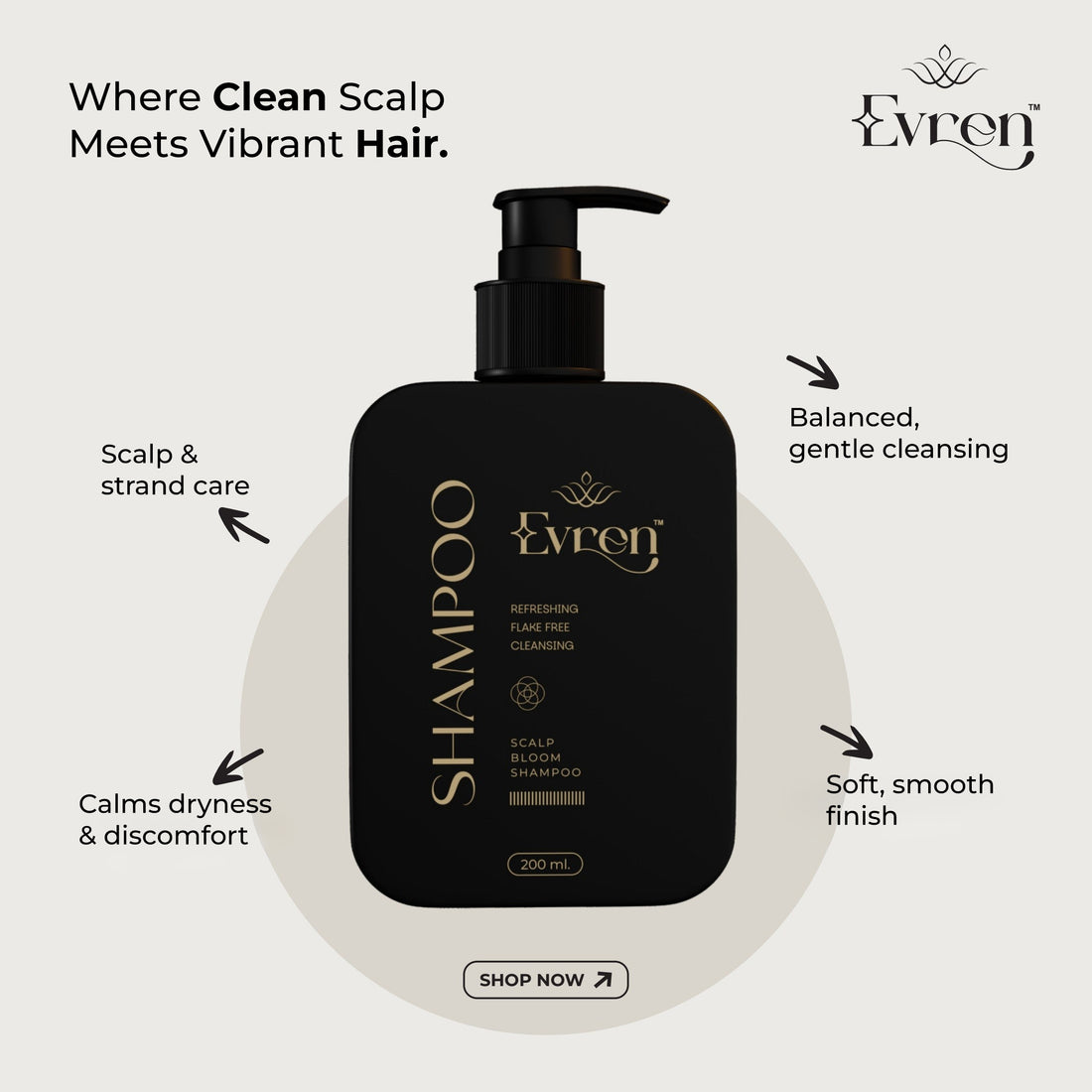 Evren Anti-Dandruff Shampoo bottle, 200ml — reduces dandruff up to 100% and treats itchy scalp