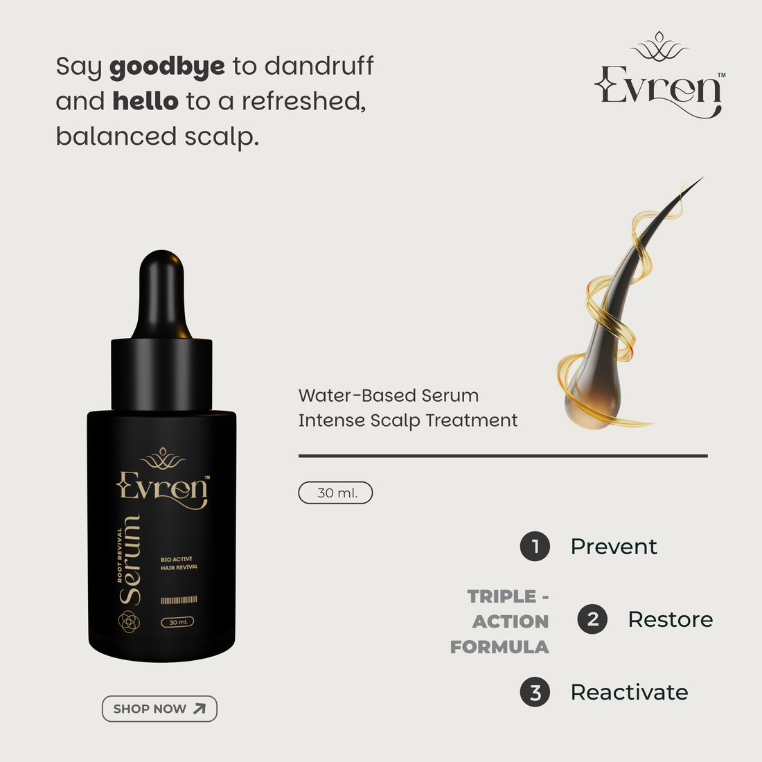 Back label of Evren Anti-Hairfall Hair Serum listing Niacinamide and botanical extracts