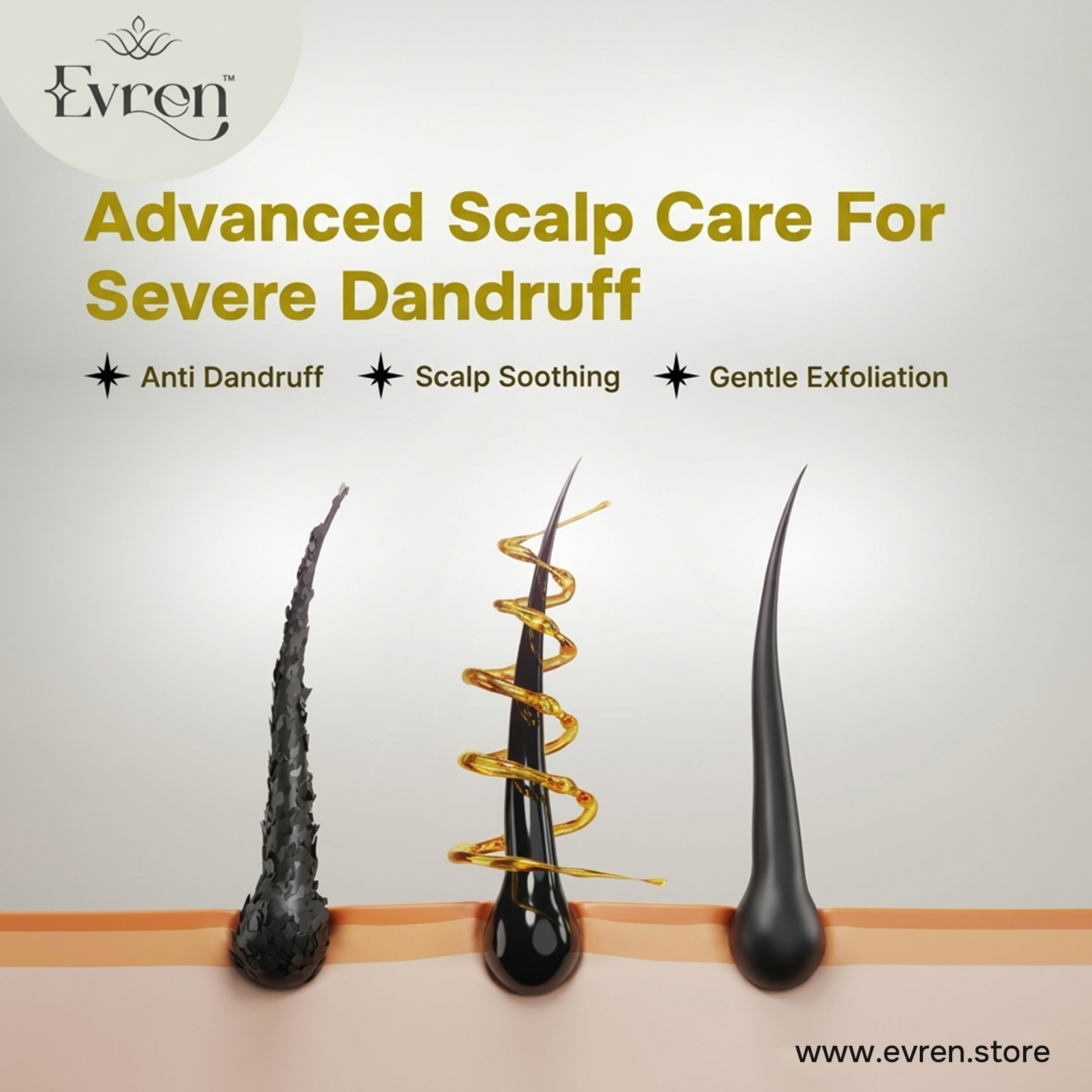 Advertisement for Evren scalp care product with three hair strands