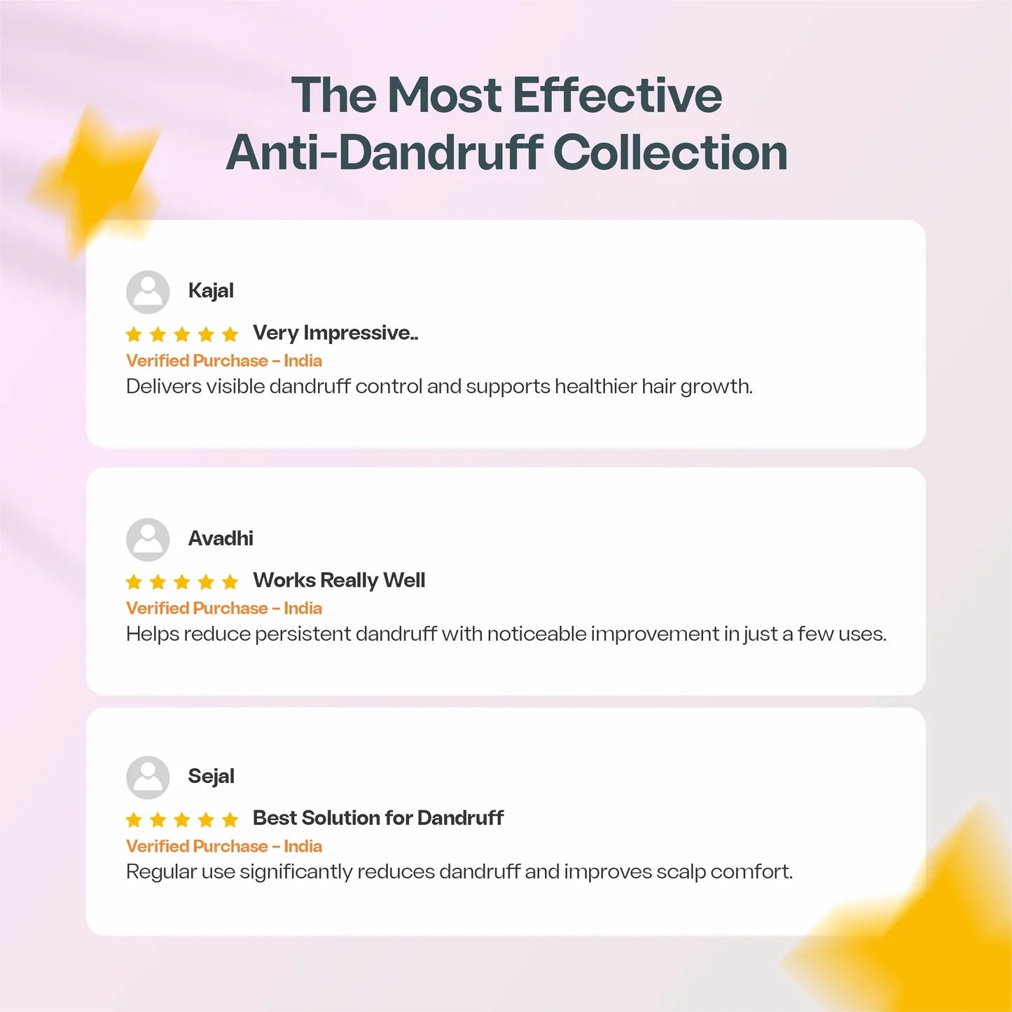 Reviews of an anti-dandruff collection with customer names and feedback